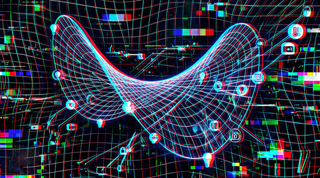 Cyber security and smart home IoT network glitch background chromatic aberration pop style