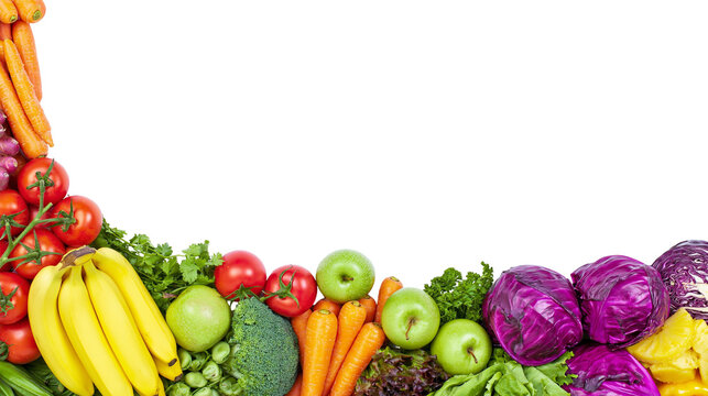 Fresh assorted fruits and vegetables border