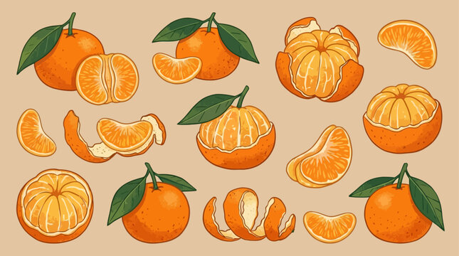 Fresh organic delicious tangerine collection featuring ripe orange mandarin and satsuma citrus fruit whole sliced and peeled segments isolated for healthy gourmet diet and nutrition concept