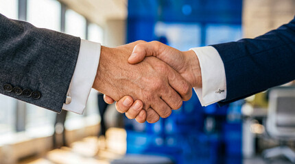 Two business professionals sealing a deal with a firm handshake in a sleek, modern office interior. © Terry