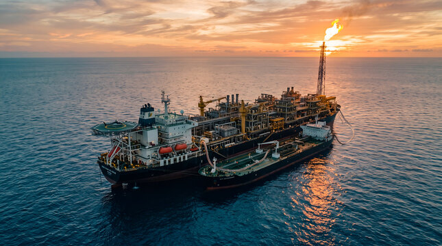 Aerial view of offshore FPSO vessel with gas flare burning at sunset on open ocean, floating production storage and offloading ship in oil and gas industry, marine petroleum energy concept