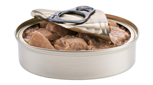 Opened tin can with chunks of cooked meat