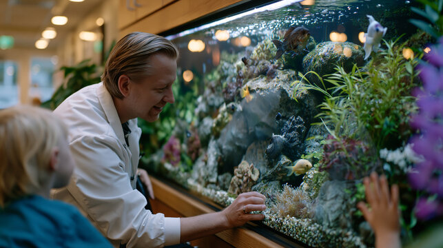 Aquarium technician performing a scheduled maintenance water change using a gravel vacuum siphon in a large commercial display tank at a pediatric dental office while a child in the waiting room pre