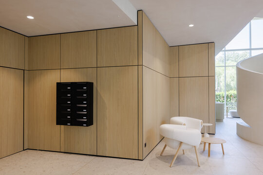 A minimalist office lobby. 