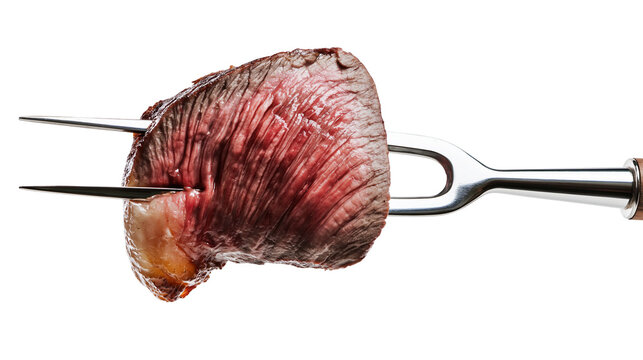 Cooked beef steak pierced by a metal fork with wooden handle