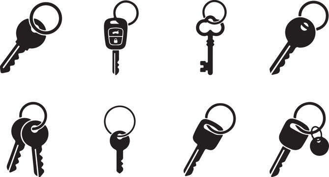 Assorted black and white keys and keychains isolated illustration Vector