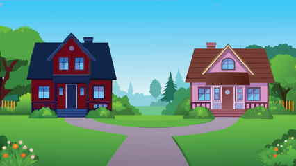 Naklejka premium Two colorful houses with manicured lawns vector illustration