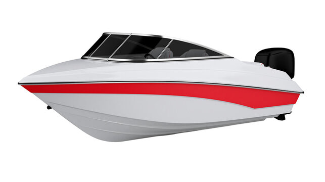 White speed boat with red stripe and black outboard motor