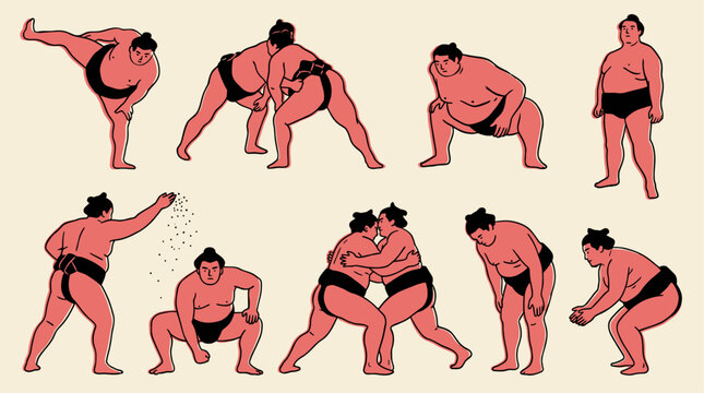 Authentic Japanese Sumo Wrestler Set Illustrating Traditional Martial Art Combat Poses and Professional Rikishi Athletic Positions for Cultural Heritage and Sports Competition Graphic Design.