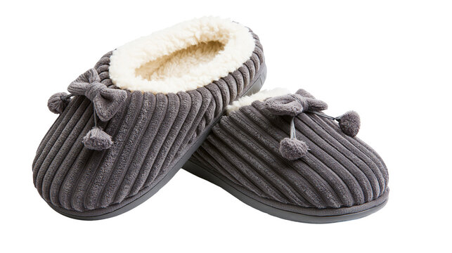Cozy grey corduroy slippers with bows and pom-poms