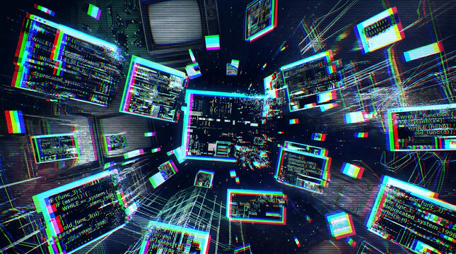 Abstract cyber security glitch screens and coding data concept chromatic aberration pop style
