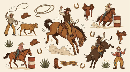 Obraz premium Professional rodeo action set featuring a skilled cowboy riding a powerful horse in diverse dynamic movement and athletic positions illustrating traditional western heritage and ranching culture.