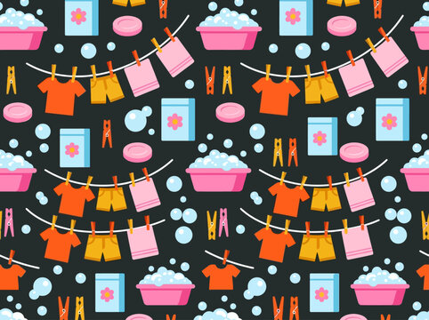 Colorful Seamless Laundry Pattern with Clotheslines, Washing Basins, and Soap on Dark Background