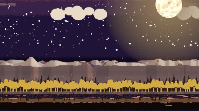 Shifting moon glow causing pixel treeline shining at night, with stars flickering and lake ripples