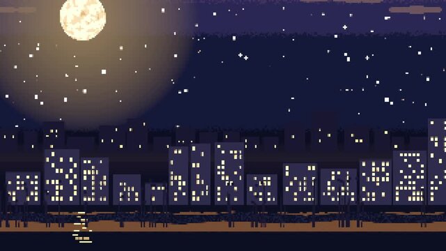 Looping pixel-art skyline cycling window lights and moving train lights along waterfront, moon halo