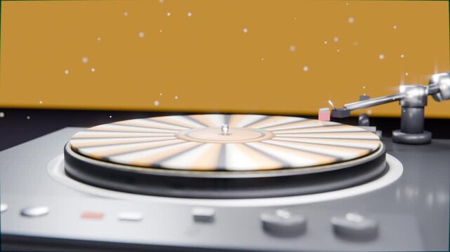Sequence starting spinning DJ platter and tonearm moving inward on studio table, pink stylus ready