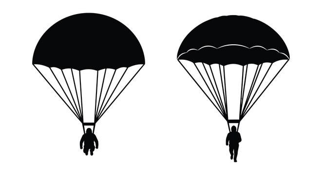 Two parachutists descending black and white silhouette