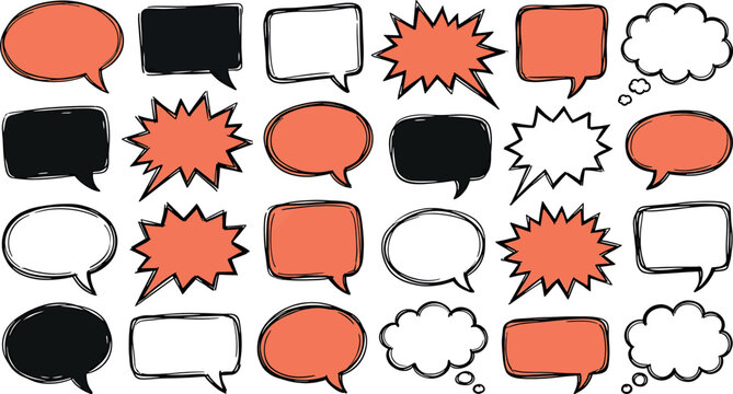 Set of handdrawn speech bubbles and thought clouds in various shapes and colors isolated on white background