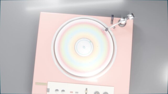 Motor starting pink deck spinning vinyl rings on table, arm stylus moving inward, knobs, playing