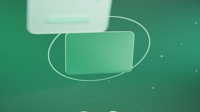 Orbiting ring causing card rotating on teal stage, revealing lens, drifting UI tiles and specks
