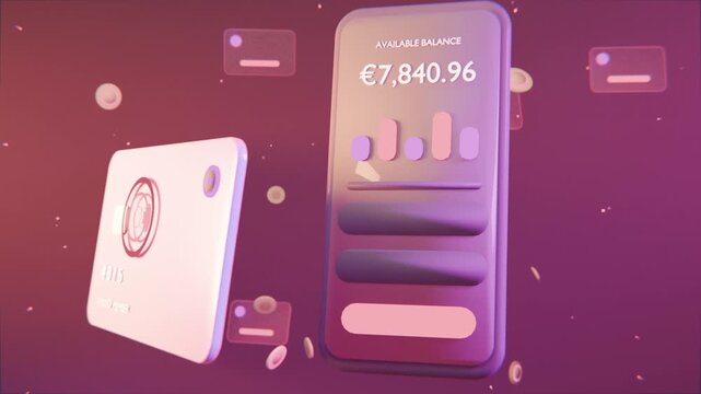 Appearing smartphone and member card rotating, settling in purple-pink, showing balance &euro;7,840