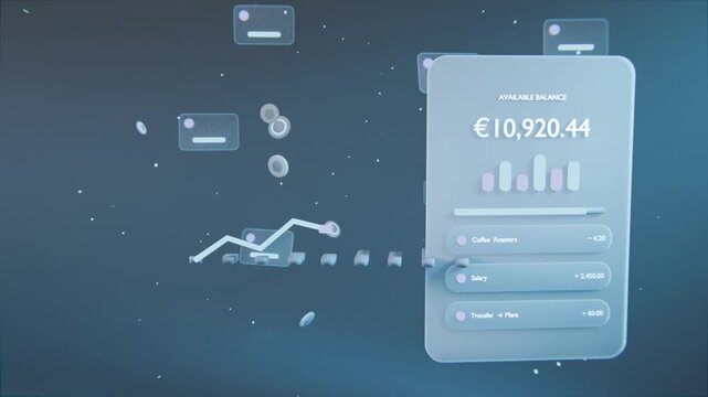 Sliding glass balance panel initiating line graph forming and coins flowing in teal UI, copy space