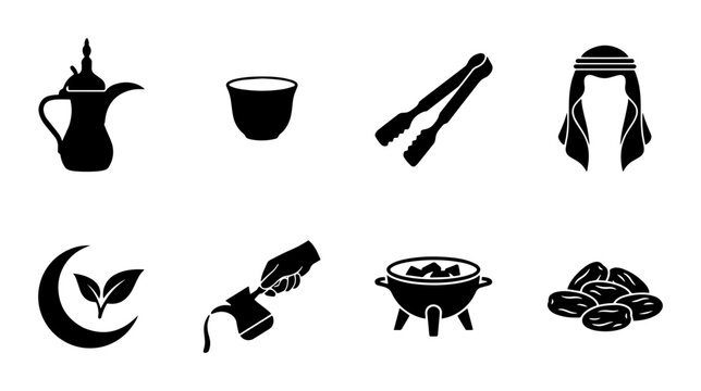 Arabic Coffee and Dates Icons, Traditional Dallah, Crescent Moon, and Cultural Symbols Vector Set