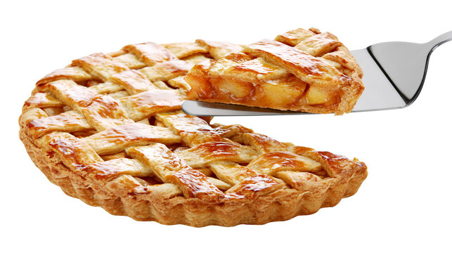 Golden lattice top apple pie slice being served