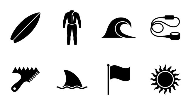 Surfing Icons Set: Surfboard, Wetsuit, Wave, Leash, Wax Comb, Shark Fin, Flag, Sun Graphics