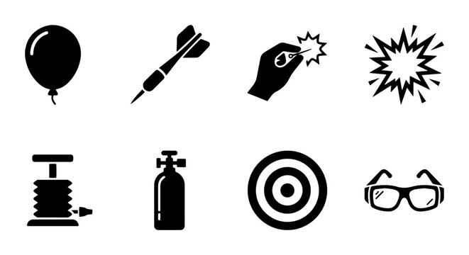 Party Game Icons: Balloon, Dart, Target, Glasses, Pump, Gas Cylinder, Spark, Explosion Vector Set
