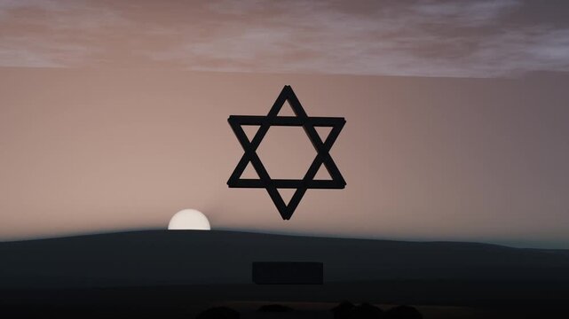 Showing centered Star of David fixed as sun rising from left horizon, with small thin bar