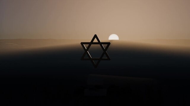 Reflecting metal hexagram catching clear reflection as sun rising over dune ridge, revealing mist