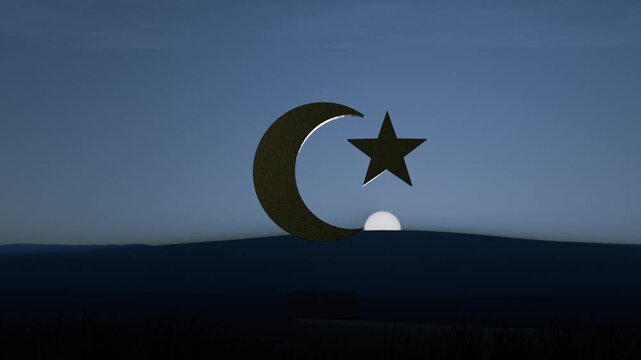 Rising sun moving above hills, illuminating crescent-and-star emblem, revealing plaque and grass