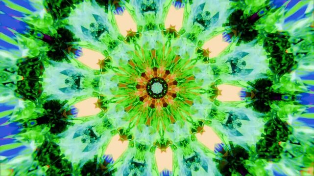 Loop starting, centered mandala morphing and rotating in frame with blue hub and green petals