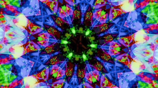 Rotating centered mandala at start, forming star and hexagon mirrored fragments for visual effect