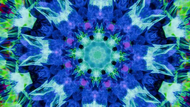 Rotating central kaleidoscopic mandala pulsing, reconfiguring onscreen on loop start for projection