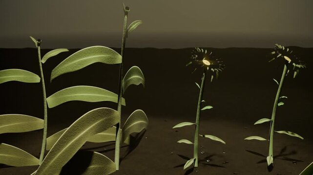 Sprouting seeds germinating on soil, plants unfurling leaves, blooming under overhead light