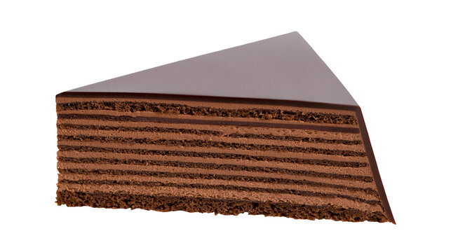 Chocolate layered cake slice with smooth glaze
