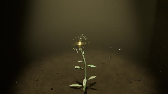 Uncoiling thin white spiral after faint disturbance plant pushing up stem on soil glowing gold core