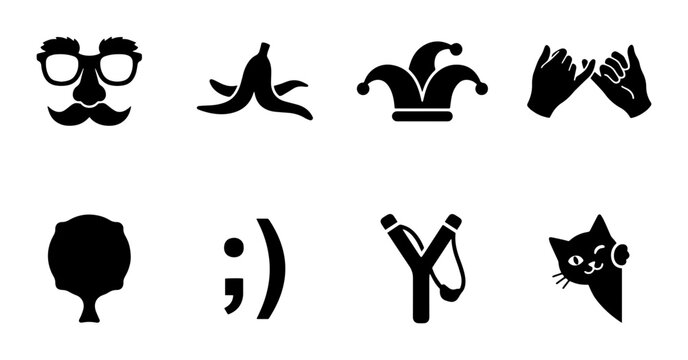 Whimsical Icon Set: Funny Faces, Jester Hat, Banana Peel, Cat, Slingshot, Pinky Swear, Tree, Smiley