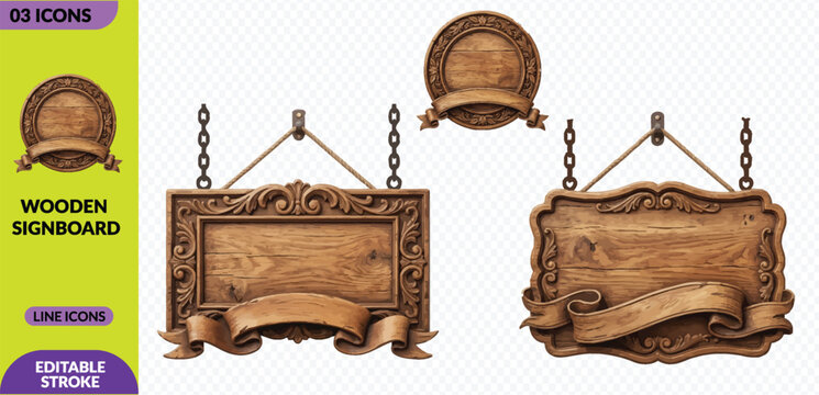 Set of three decorative wooden signboards with ribbons and metal chains for game interface design