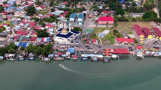 Aerial drone view of Masjid Al-Muttaqin in Kuala Sedili Besar Malaysia