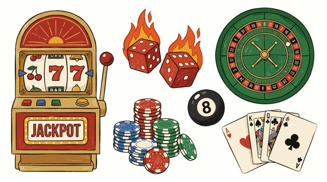 Mega gambling icon collection featuring glowing slot machine flaming dice spinning roulette wheel golden poker chips lucky eight ball and deck of cards for digital gaming interface design
