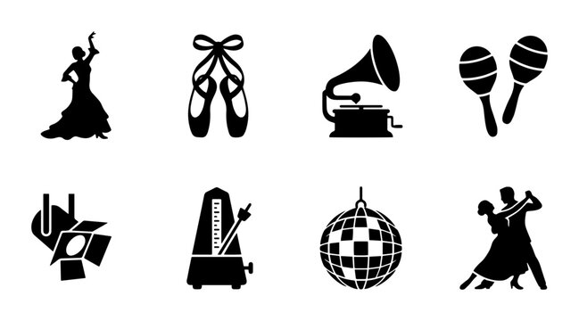 Music and Dance Icons: Flamenco Dancer, Ballet Shoes, Gramophone, Maracas, Spotlight, Metronome, Disco Ball, Ballroom Dancers