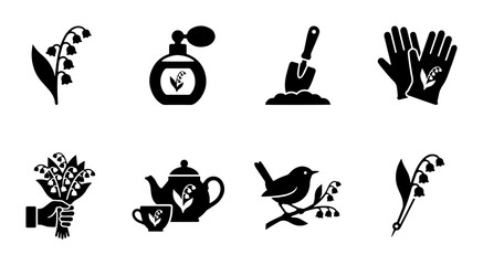 Obraz premium Spring Garden Icons: Lily of the Valley, Perfume, Bird, Tools, Tea Set, Gloves