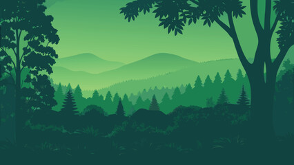 Forest Silhouette With Mountains And Trees Green Toned Vector © PUNNABEGUM