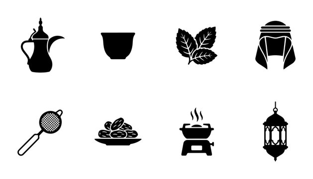 8 Arabic culture linear icon set coffee pot cup mint dates headwear lantern brazier strainer, UI and web interface design