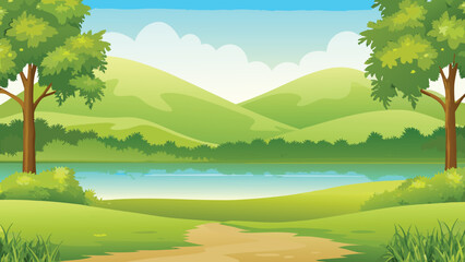 Green landscape with hills water and trees vector illustration © PUNNABEGUM