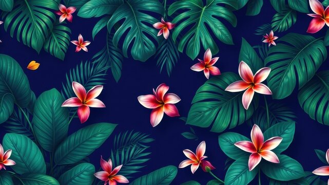 Vibrant Tropical Floral Pattern with Lush Green Foliage and Pink Flowers on a Dark Blue Background
