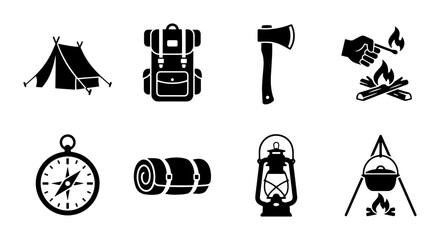 8 Camping linear icon set tent backpack axe fire compass sleeping bag lantern pot © Nahid Rana